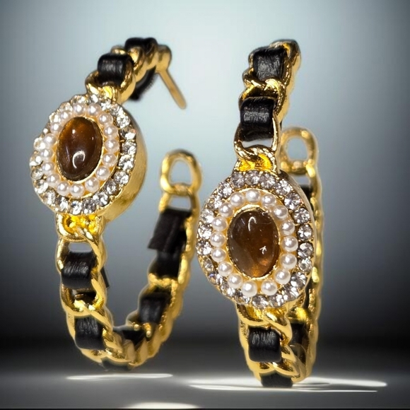 Designer Jewelry - 18k Gold Plated Tigers Woven Leather Hoop Earrings
